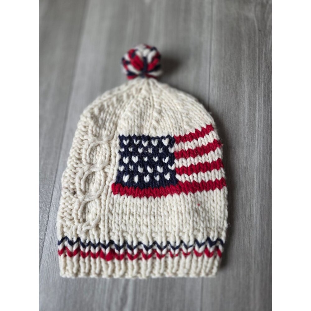 Wool Knit Beanie With USA Flag Design & Pom-Pom